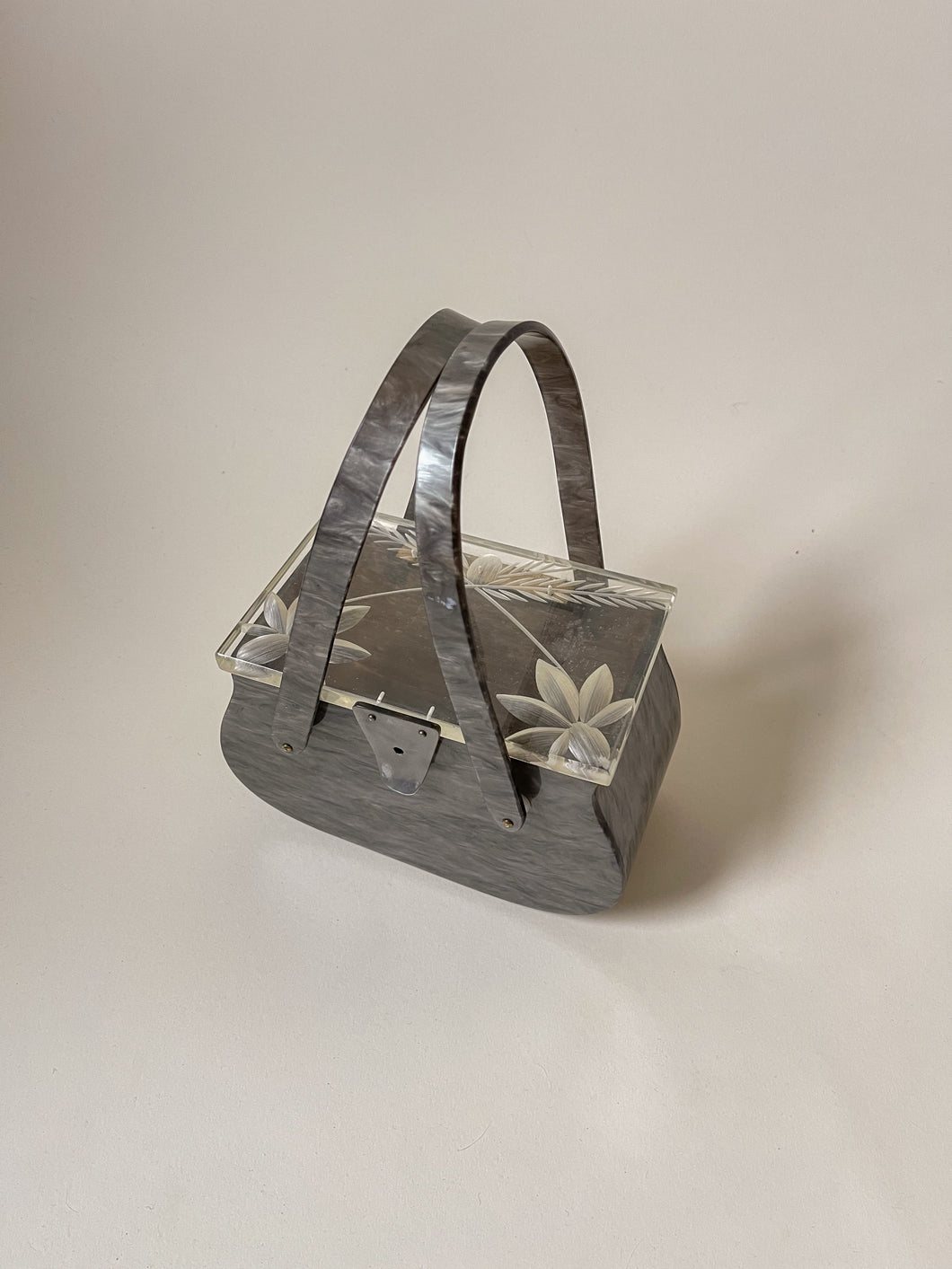 50s Mottled Grey Carved Lucite Box Bag