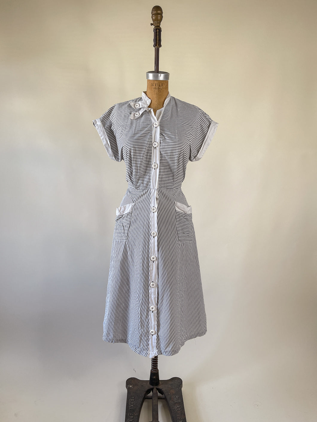 40s Alamo Grey Cotton Striped Dress | S-M