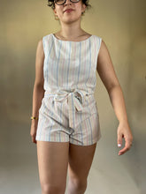 Load image into Gallery viewer, 70s Pastel White Striped Homemade Tie Waist Romper | S-M
