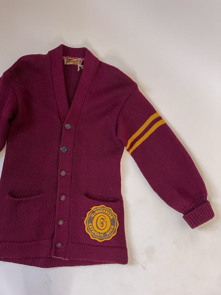 50s Princeton Knitting Mills Gloucester High Maroon Cardigan | S-M