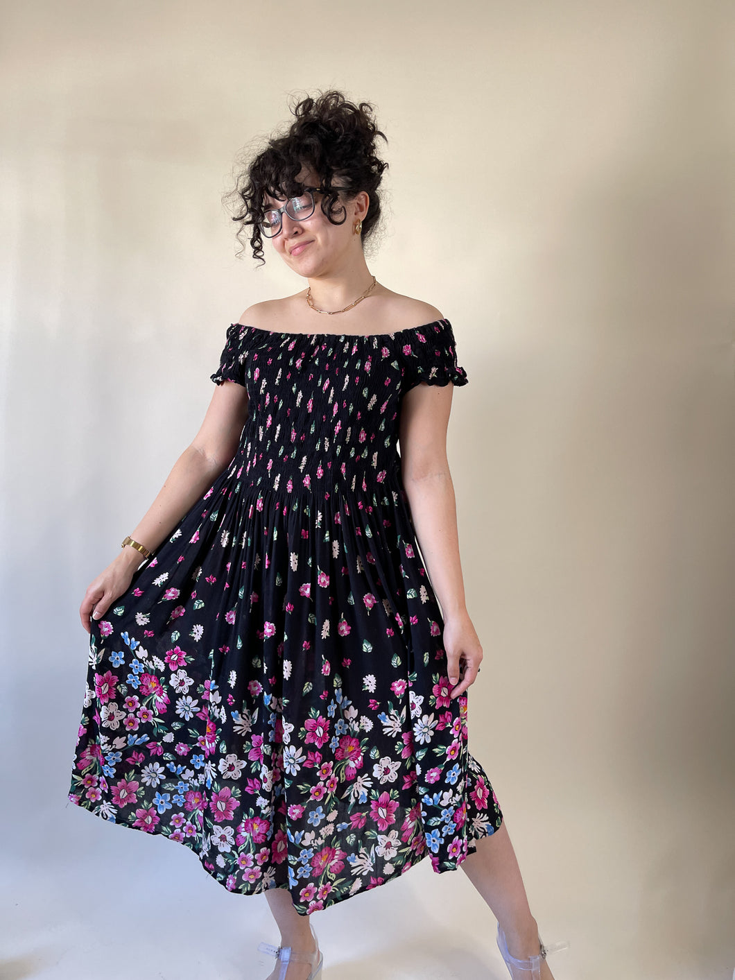 90s Black Gathered Off The Shoulder Floral Midi Dress | S-M