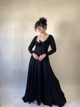 Load image into Gallery viewer, 70s Black Long Sleeve Tie Bust Maxi Dress | XS-S
