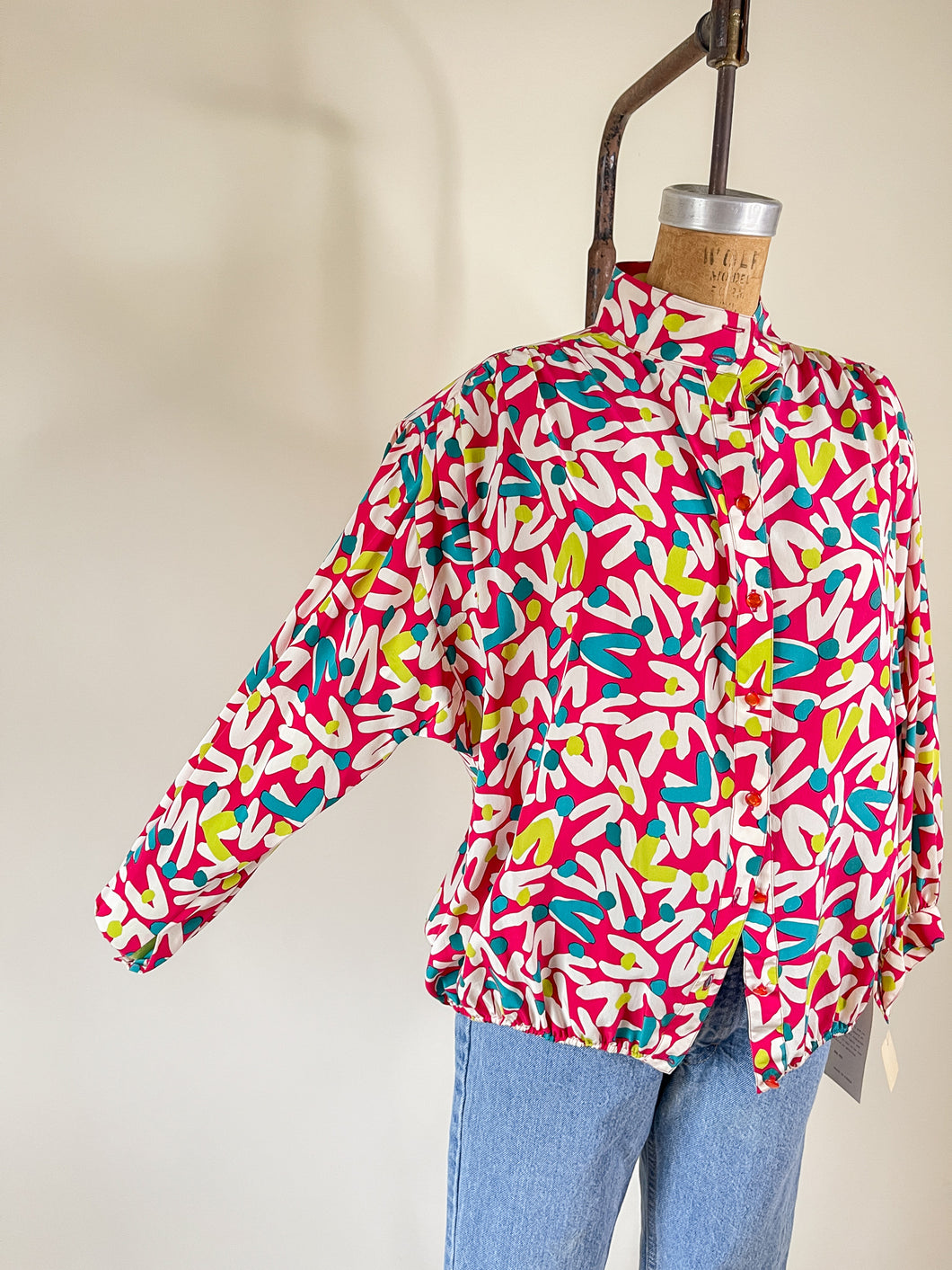 80s Abstract Silk Printed Blouse with tags | M-L