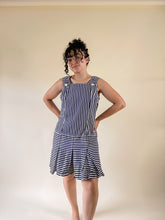 Load image into Gallery viewer, 60s Navy Striped Drop Waist Romper | M
