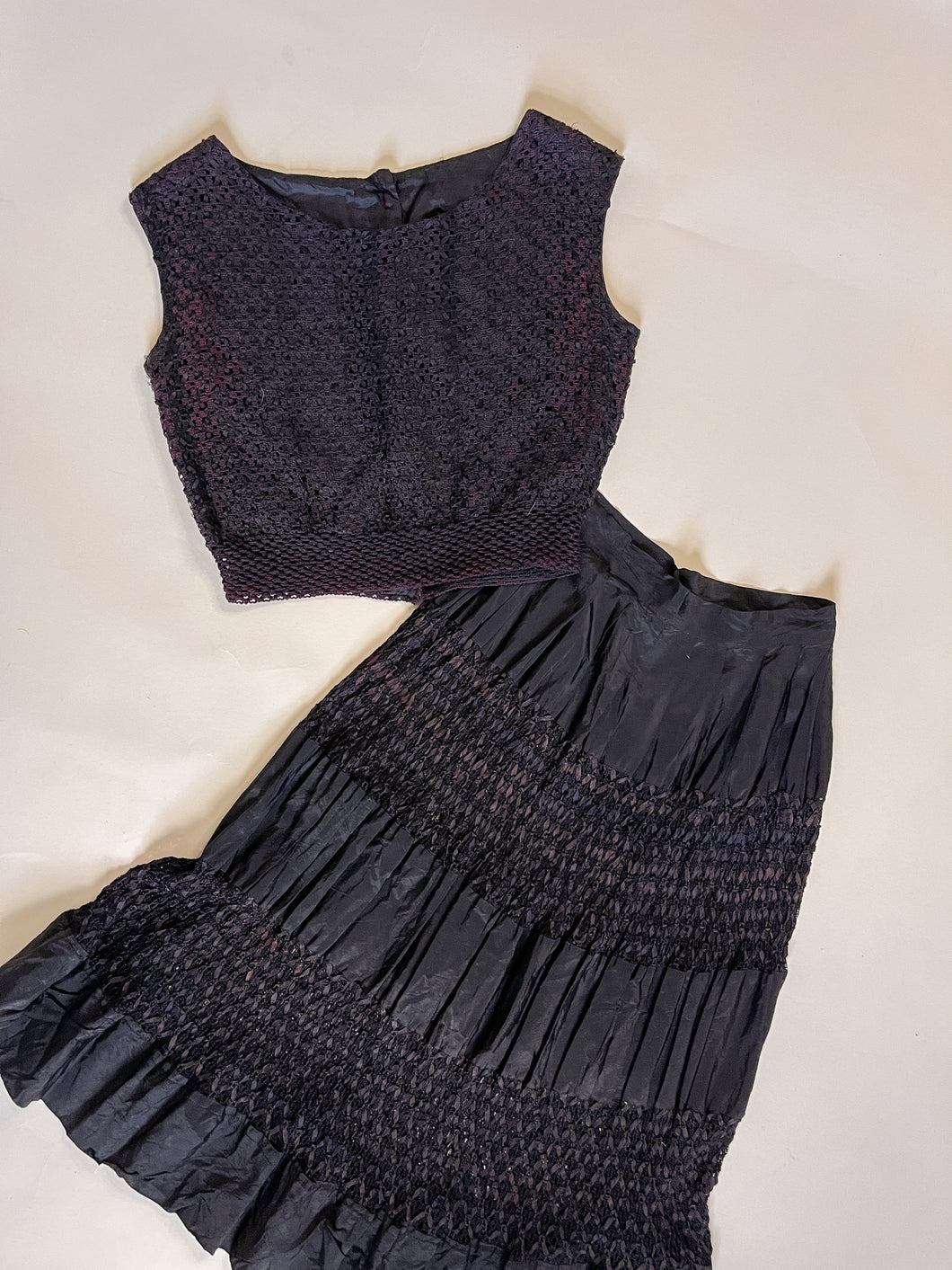 30s Black Woven Taffeta Ribbon Skirt Set | M