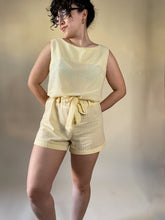Load image into Gallery viewer, 70s Pastel Yellow Striped Homemade Tie Waist Romper | S-M
