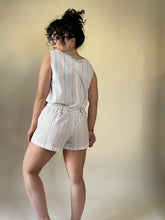 Load image into Gallery viewer, 70s Pastel White Striped Homemade Tie Waist Romper | S-M
