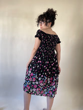 Load image into Gallery viewer, 90s Black Gathered Off The Shoulder Floral Midi Dress | S-M
