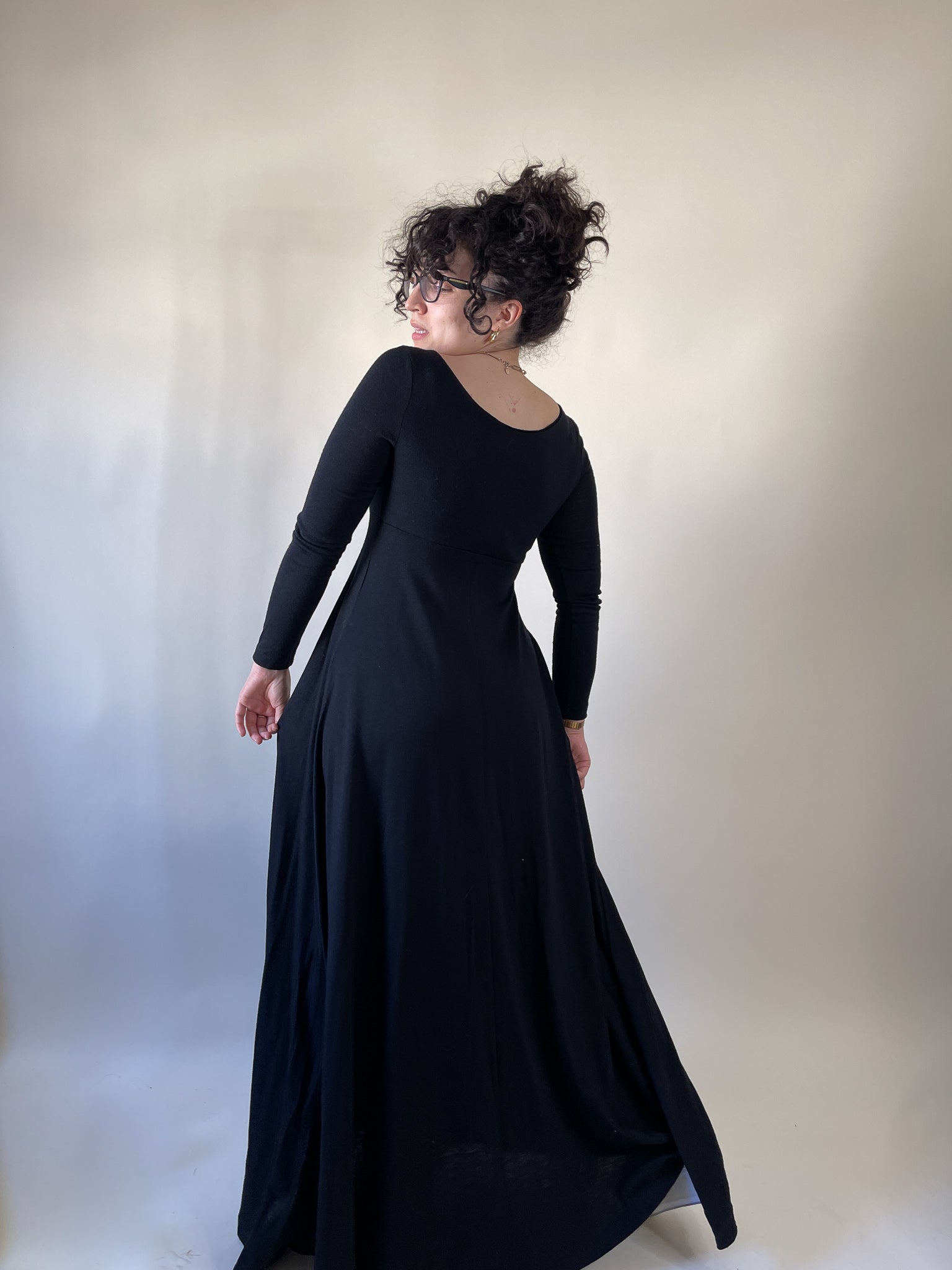 70s Black Long Sleeve Tie Bust Maxi Dress XS S le and lo